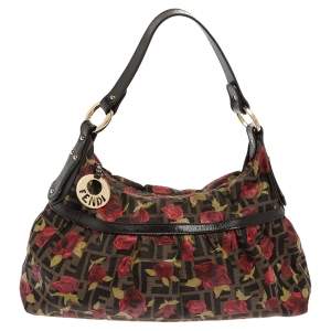 Pre Owned Fendi Brown Zucca Floral Print Canvas and Leather Chef Shoulder Bag