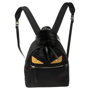 Pre Owned Fendi Black Nylon, Leather and Fur Monster Eyes Backpack