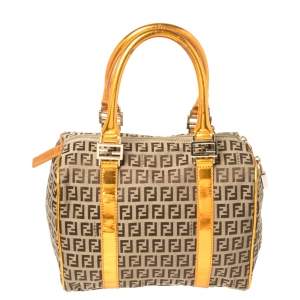 Pre Owned Fendi Beige/Metallic Orange Zucchino Canvas and Patent Leather Small Forever Bauletto Boston Bag