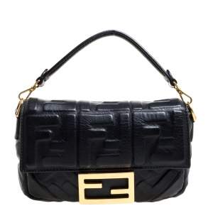 Pre Owned Fendi Black Zucca Embossed Leather Baguette Bag