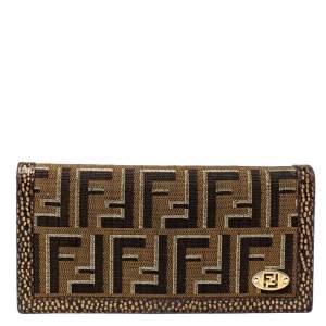 مملوكة مسبقًا Fendi Tobacco/Gold Zucca Canvas and Textured Leather Wallet