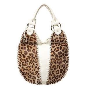 Pre Owned Fendi White/Brown Leopard Print Calfhair and Leather Whipstitch Hobo