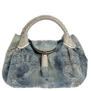 Pre Owned Fendi Light Blue Denim Embroidered Squirrel Spy Bag
