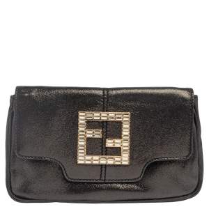 Pre Owned Fendi Grey Shimmer Leather Crystal Embellished Logo Flap Clutch