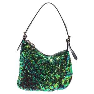 Pre Owned Fendi Green/Black Sequins and Leather Small Oyster Hobo