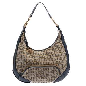 Pre Owned Fendi Beige/Blue Zucchino Canvas and Leather Pocket Chef Hobo