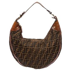 Pre Owned Fendi Tobacco Zucca Canvas and Croc Leather Chef Hobo