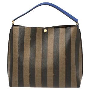 Pre Owned Fendi Tobacco/Black Pequin Stripe Coated Canvas and Leather Hobo Bag