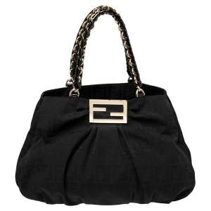 Pre Owned Fendi Black Zucca Canvas and Patent Leather Large Mia Shoulder Bag