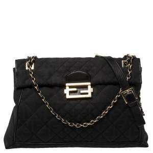Fendi Black Zucca Quilted Canvas Maxi Baguette Flap Shoulder Bag