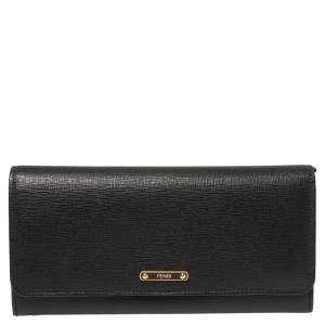 Pre Owned Fendi Black Leather Flap Elite Continental Wallet