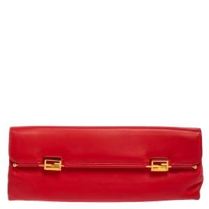 Pre Owned Fendi Red Soft Leather Long Clutch