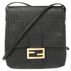 Fendi Black Zucchino Coated Canvas FF Flap Messenger Bag