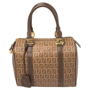 Pre Owned Fendi Brown Zucchino Coated Canvas and Leather Small Forever Bauletto Boston Bag