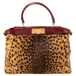 Pre Owned Fendi Brown/Burgundy Calf Hair and Leather Medium Peekaboo Top Handle Bag