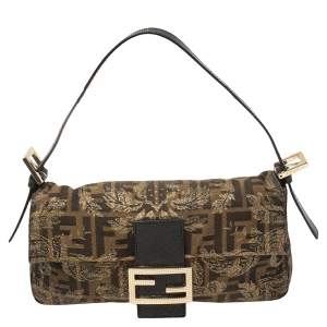 Fendi Tobacco/Black Zucca Canvas and Lizard Floral Brocade Baguette Bag