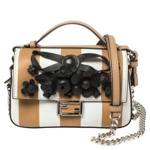 Pre Owned Fendi Black/Beige Striped Leather Double Micro Baguette Bag