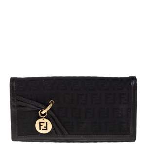 Pre Owned Fendi Black Zucchino Canvas and Leather Flap Continental Wallet