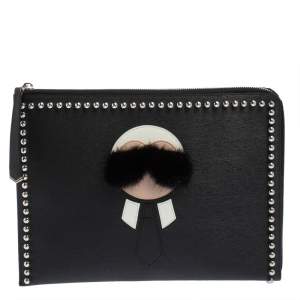 Pre Owned Fendi Black Leather Karlito Flat Clutch