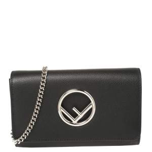 Pre Owned Fendi Black Leather Kan I F Wallet On Chain Clutch