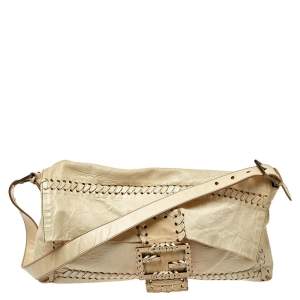 Fendi White Soft Leather Giant Baguette Whipstitch Shoulder Bag