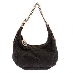 Pre Owned Fendi Navy Blue Zucca Denim and Leather Chef Chain Link Hobo