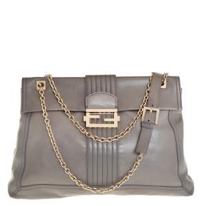Pre Owned Fendi Grey Leather Maxi Baguette Flap Shoulder Bag
