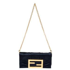 Pre Owned Fendi Navy Blue Satin Mia Pochette Bag 