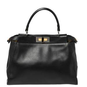 Pre Owned Fendi Black Leather and Calf Hair Lining Medium Peekaboo Top Handle Bag