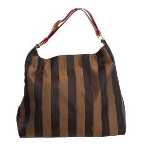 Pre Owned Fendi Tobacco/Red Canvas and Leather Large Pequin Striped Hobo