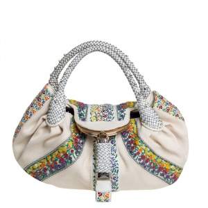 مملوكة مسبقًا Fendi Cream Canvas Floral Bead Borsa Spy Bag
