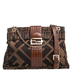 Fendi Brown Zucca Canvas and Leather Maxi Baguette Flap Shoulder Bag