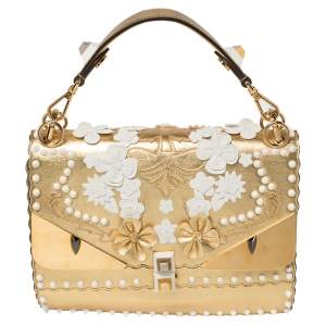 Pre Owned Fendi Gold Leather Floral Studded Kan I Shoulder Bag