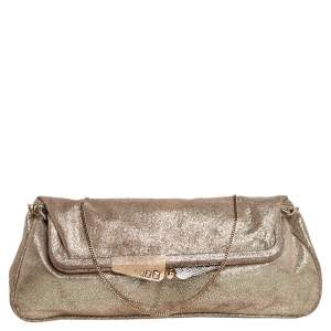 Pre Owned Fendi Metallic Gold Suede Borderline Chain Clutch