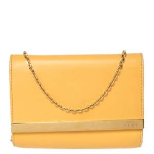Pre Owned Fendi Mustard Yellow Leather Chain Clutch