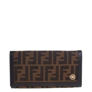 Pre Owned Fendi Tobacco Zucca Canvas and Leather Flap Continental Wallet