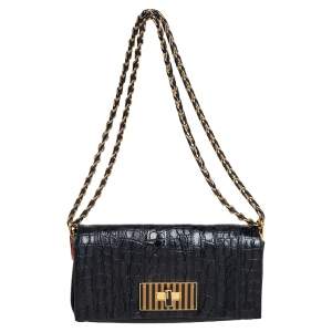 مملوكة مسبقًا Fendi Black Croc Embossed Leather and Leather Claudia Shoulder Bag