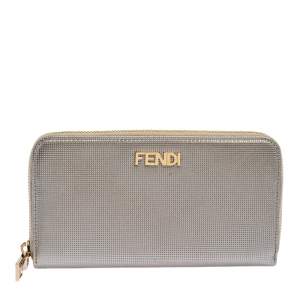Fendi Metallic Silver Leather Zip Around Wallet