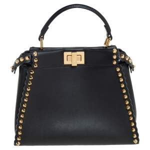 Pre Owned Fendi Black Leather Mini Studded Peekaboo Top Handle Bag