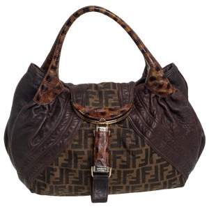 Pre Owned Fendi Tobacco Zucca Canvas and Tortuga Leather Spy Hobo