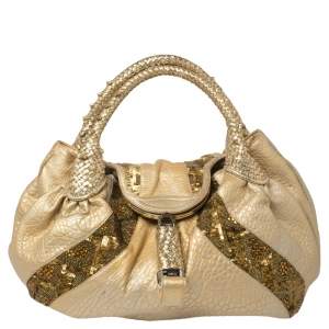 Pre Owned Fendi Gold Iridescent Textured Leather Limited Edition 9/10 Spy Embellished Bag