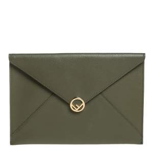 Pre Owned Fendi Green Leather Envelope Pouch