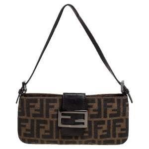 Pre Owned Fendi Tobacco Zucca Canvas and Leather Trim Baguette Pochette  