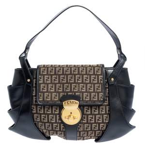Pre Owned Fendi Black/Tobacco Zucchino Canvas and Leather Borsa Tuc Hobo