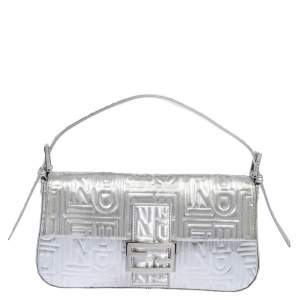 Fendi Silver Logo Embossed Fabric Baguette