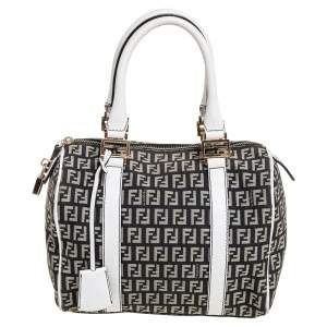 Pre Owned Fendi Black/White Canvas And Leather Forever Bauletto Boston Bag