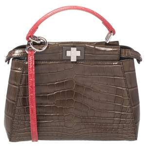 Pre Owned Fendi Brown/Red Crocodile Mini Peekaboo Top Handle Bag
