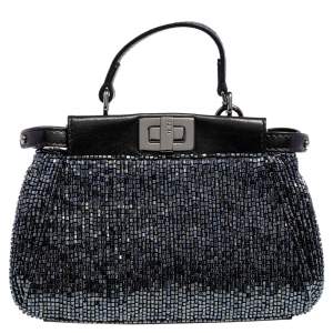 Pre Owned Fendi Black Beaded and Leather Micro Peekaboo Crossbody Bag