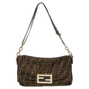 Pre Owned Fendi Tobacco Zucca Canvas and Patent Leather Mia Flap Shoulder Bag