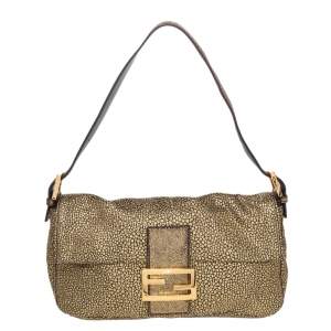Fendi Metallic Gold Brocade Fabric Baguette Bag